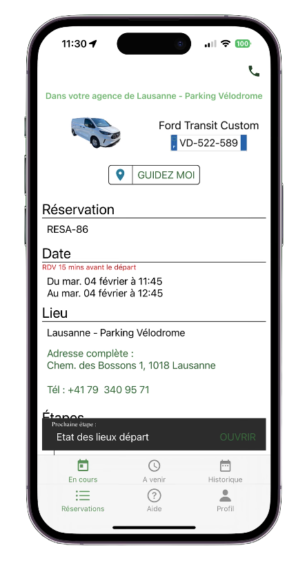 Écran de l'application AutoAccess : détail de la réservation et accès au véhicule